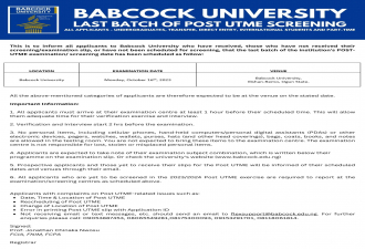 Babcock University's Last Batch Of Post UTME Screening... Monday, October 16th, 2023.